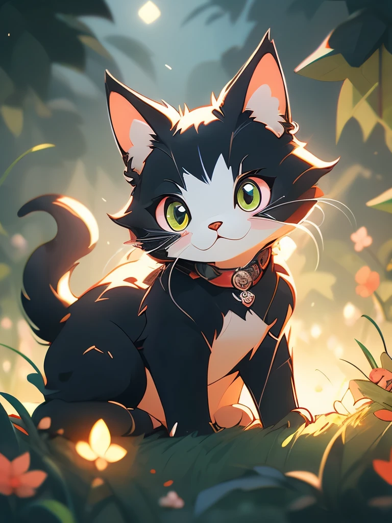 a black cat with glowing eyes sitting in the grass, cute detailed digital art, cute detailed artwork, cute digital art, 🌺 cgsociety, cute art style, adorable glowing creature, cute artwork, jen bartel, by Kubisi art, very very beautiful furry art, with glowing eyes, beeple and jeremiah ketner, cat from the void