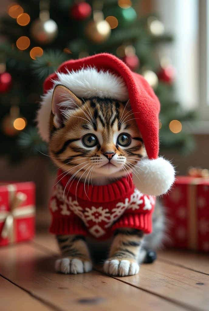 ((masterpiece, highest quality, Highest image quality, High resolution, photorealistic, Raw photo, Extremely detailed CG unified 8k wallpaper)), Close-up of a kitten in a sweater, Santa hat on its head, appealing to the camera, (large “Does Santa Claus really exist?” at the top of the screen:1.4), and in the background, a Christmas tree decorated with ornaments and a box of presents,