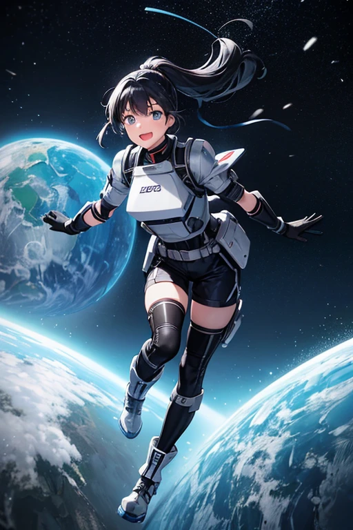  anime picture 、Space science fiction soldier 、 full body portrait 、A  soldier running around 155 cm tall wearing a silver bulletproof vest and silver shorts、 blue eyes、Hairstyle: short ponytail、 black hair、Black tights to cover the lower body、 smiling with open mouth 、 boots、gloves、silvery headset