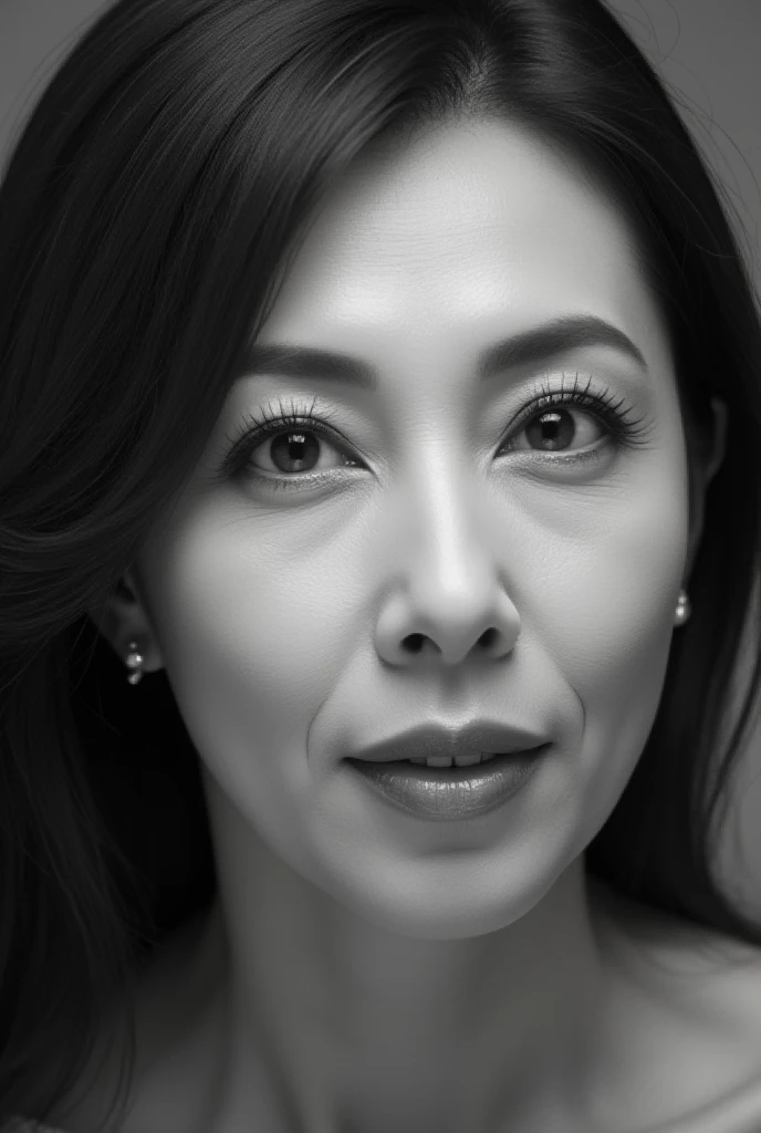 Mature Woman, ( Detailed description of the hair), (Detailed description of the face), (Detailed description of the body), high definition , masterpiece,  top quality ,  high detail, formal: 1.4), ( realistic : 1.2, 超 realistic な: 1.1,  realistic: 1.37), (Sharp focus: 1.4),  is written by,  looking up with moist eyes, (straight hair:1.2), ,  unrivaled beauty , (Ultimate beauty), (lipstick:1.1), ( eyeliner :1.2), ( mascara), ( Eye Shadow ), (48 years old,: 1.4), Japanese、 closeup 、 fine lines of laughter :1.2、,(black and white photography:1.5)、Pleased