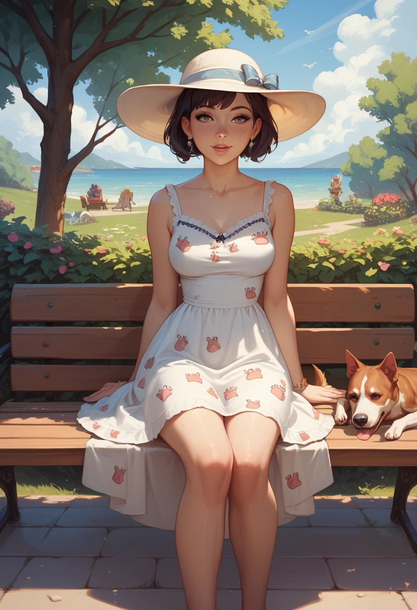 best quality, a woman sat in a bench , sundress, dogs printed in the dress
