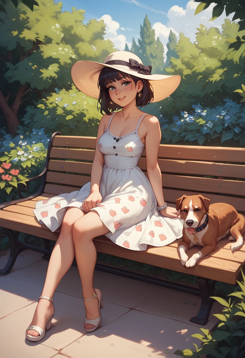 best quality, a woman sat in a bench , sundress, dogs printed in the dress
