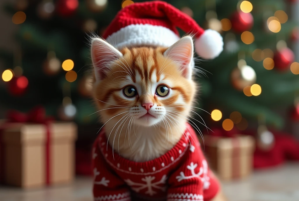 ((masterpiece, highest quality, Highest image quality, High resolution, photorealistic, Raw photo, Extremely detailed CG unified 8k wallpaper)), Close-up of a kitten in a sweater, Santa hat on its head, appealing to the camera, (large “Does Santa Claus really exist?” at the top of the screen:1.4), and in the background, a Christmas tree decorated with ornaments and a box of presents,