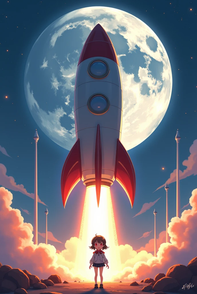 "A sleek rocket with two children inside, launching from Earth into the starry night sky, leaving the planet behind with the stars getting closer."