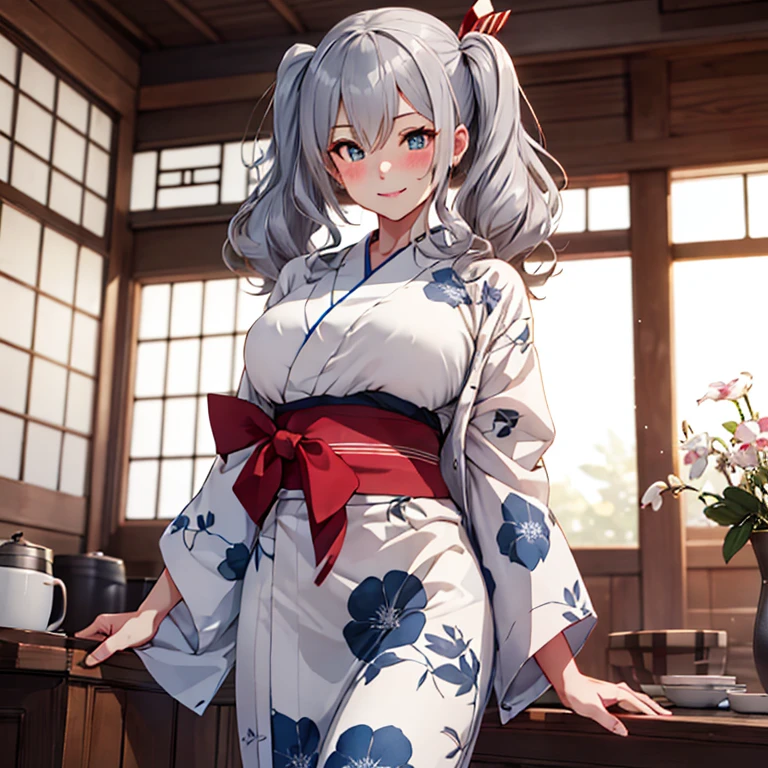 kashima_kantaicollection, twintails, grey_hair, wavy_hair, blue_eyes, breasts, blush, long_hair, smile, large_breasts, (masterpiece,best quality,ultra detailed,hyper detailed,exquisite,beautiful:1.4),(art CG, 8K),1girl solo,KonishiCSA , (blush:1.4),smile,bed,(standing:1.4),Japanese Yukata