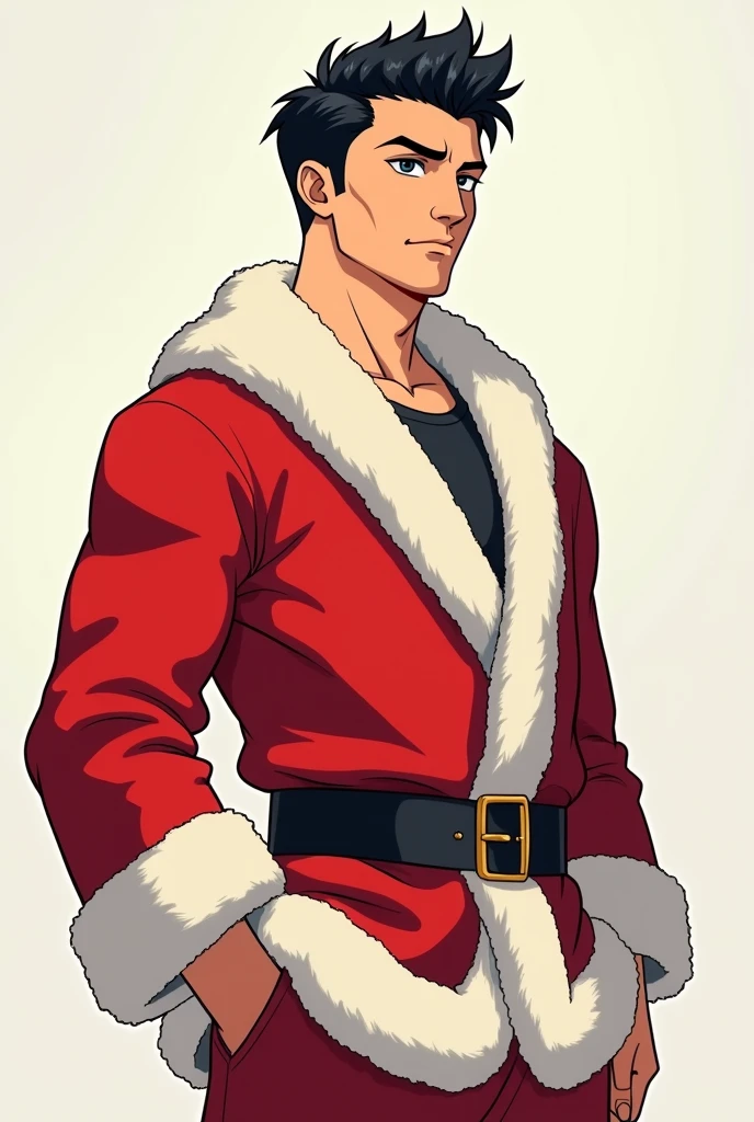1boy, sexy handsome male, on the roof, vpl, santa outfit, fur trim, christmas theme, open clothes, bare chest and abs, nipples, male santa, skinny muscles, toned abs, bulge, night city on background, snowfall, masterpiece, best quality