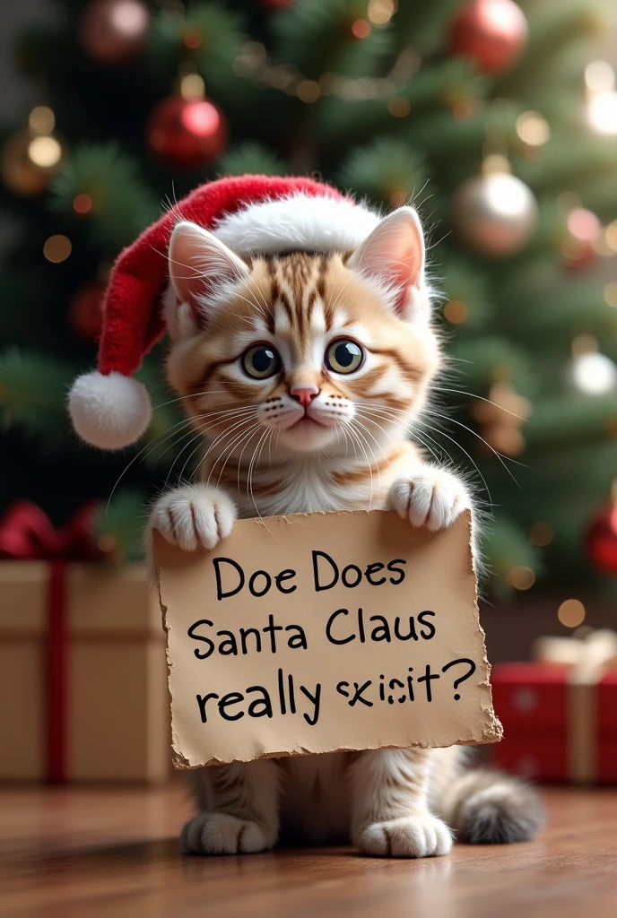 ((masterpiece, highest quality, Highest image quality, High resolution, photorealistic, Raw photo, Extremely detailed CG unified 8k wallpaper)), Close-up of kitten in sweater, Santa hat on head, appealing to camera, large “Does Santa Claus really exist?” written on a board with both hands, Christmas tree decorated with ornaments and boxes of presents in the background,