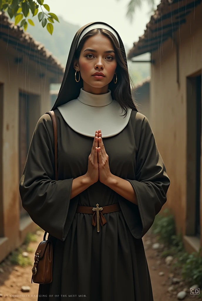 A beautiful Mexican girl with big breasts, brown hair, braids and dresses as a black nun and a black nun skirt, and brown eyes, carrying a large fan leaves, throwing a ball, a thorn, poison, power