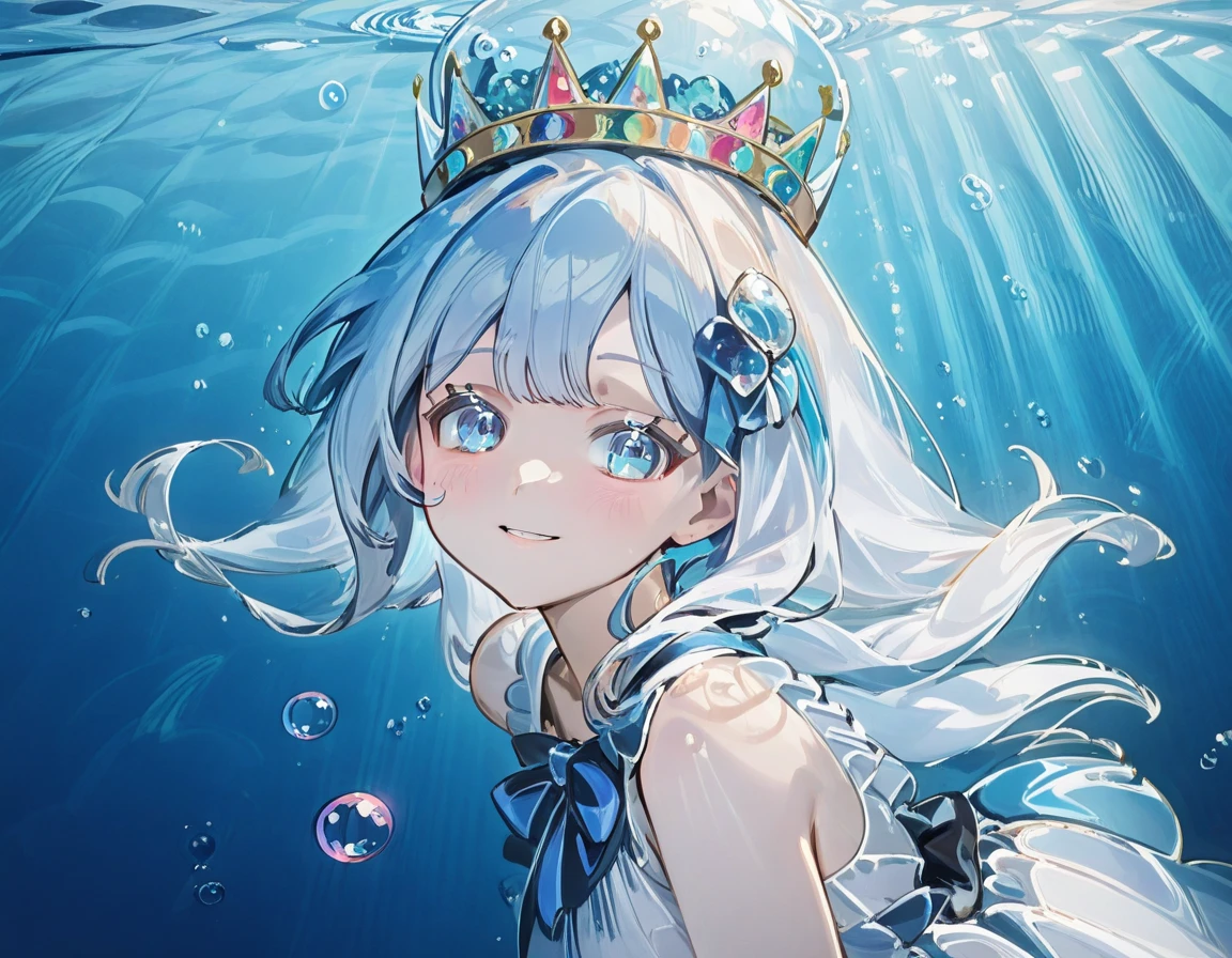 Purina,1 woman,  blue eyes, Alone, hat,  long hair,  watching viewers , smile,  blue hair, Underwater,  bangs , Bubble,  similarly skirt , White hair, Upper body,  wearing , crown,   extremely delicate and beautiful girl {x} wear multicolored hair, air Bubble, Light , ribbon,  virtual YouTuber , jewel( top quality), ((masterpiece)), ( high resolution), ( extremely delicate and beautiful ),under the sea