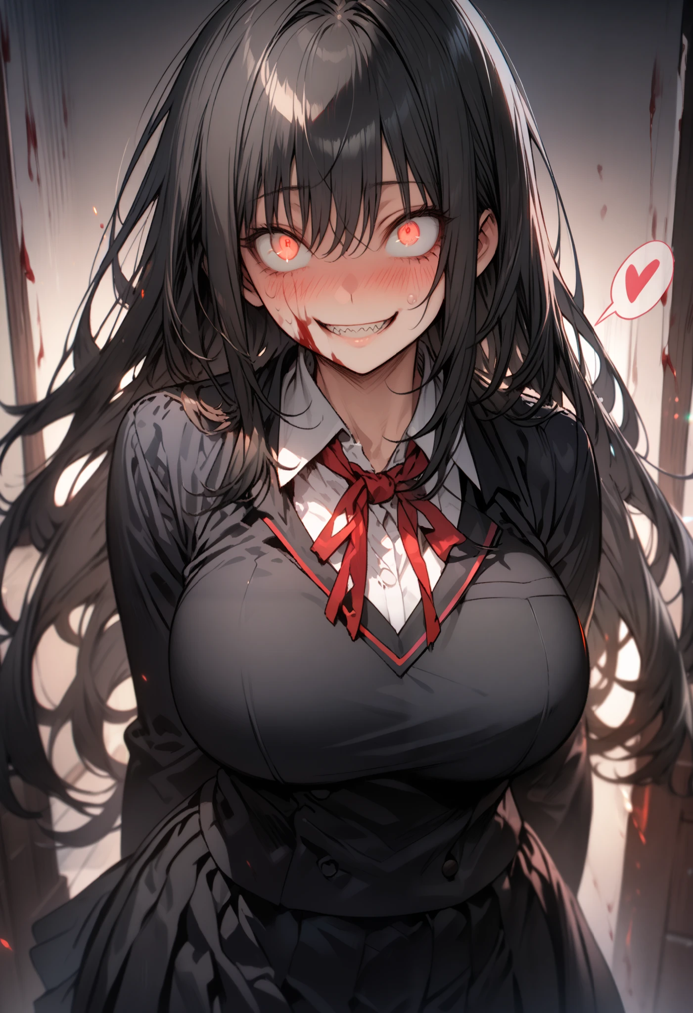 Masterpiece,best quality, (highly detailed CG illustration),very aesthetic,recent,detailed eyes,1 woman,matured female,(looking at viewer),glowing red eyes,black hair,straight long hair,(large breast:1.05),(black highschool uniform),half-closed eye,BREAK,blood on her face,red blush,(constricted pupils:1.3),(mad grin),(yandere smile),hand on her face,holiding a knife,posing,(spoken heart),sharp teeth,night school,cowboy shot,