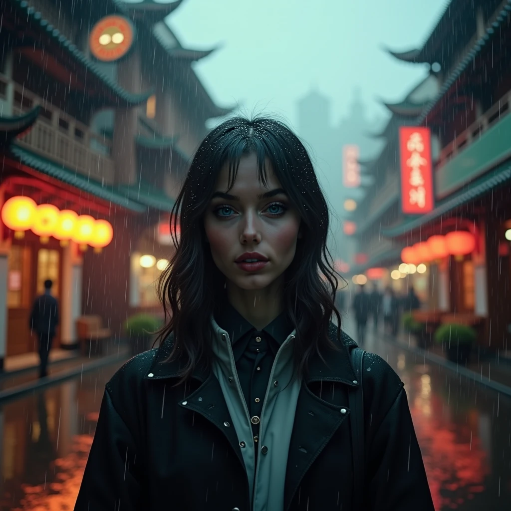 dieselpunk rainy weather backdrop with crowd of people, vibrant, photorealistic, realistic, dramatic, dark, sharp focus, 8k