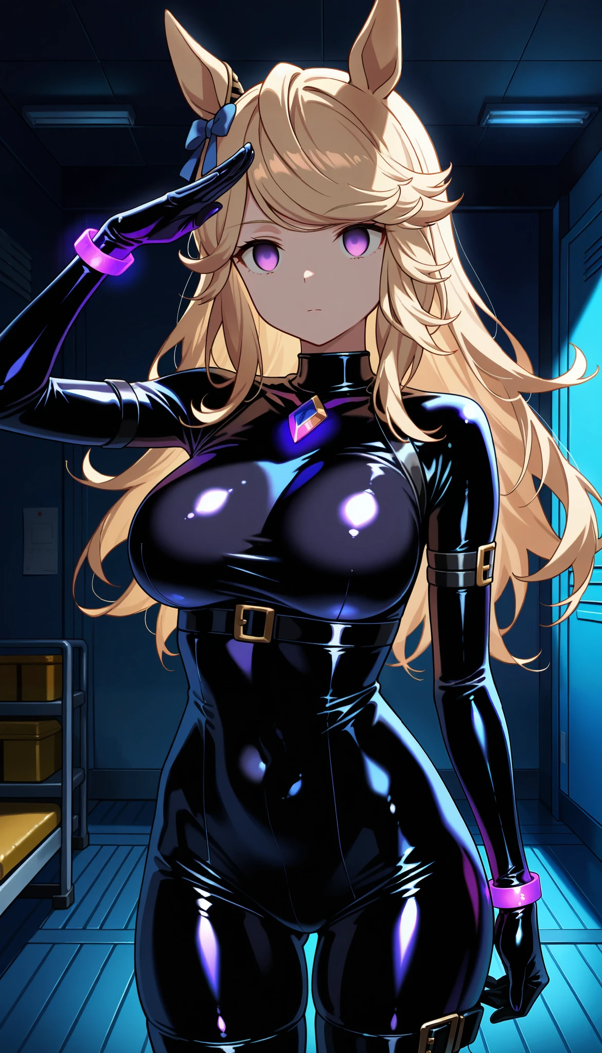 Gold City\(Uma Musume\),(( purple glowing jewelry)), underbust, breasts, (two breast),((empty eyes)),purple eyes, glowing eyes,serious, expressionless, (( latex skin tight, tight, skin black tight,black latex tight a glossy outfit)),standing at attention,salute, cowboy shot,((dark room, dark,training room)),masterpiece, best quality, amazing quality, very aesthetic, absurdres,