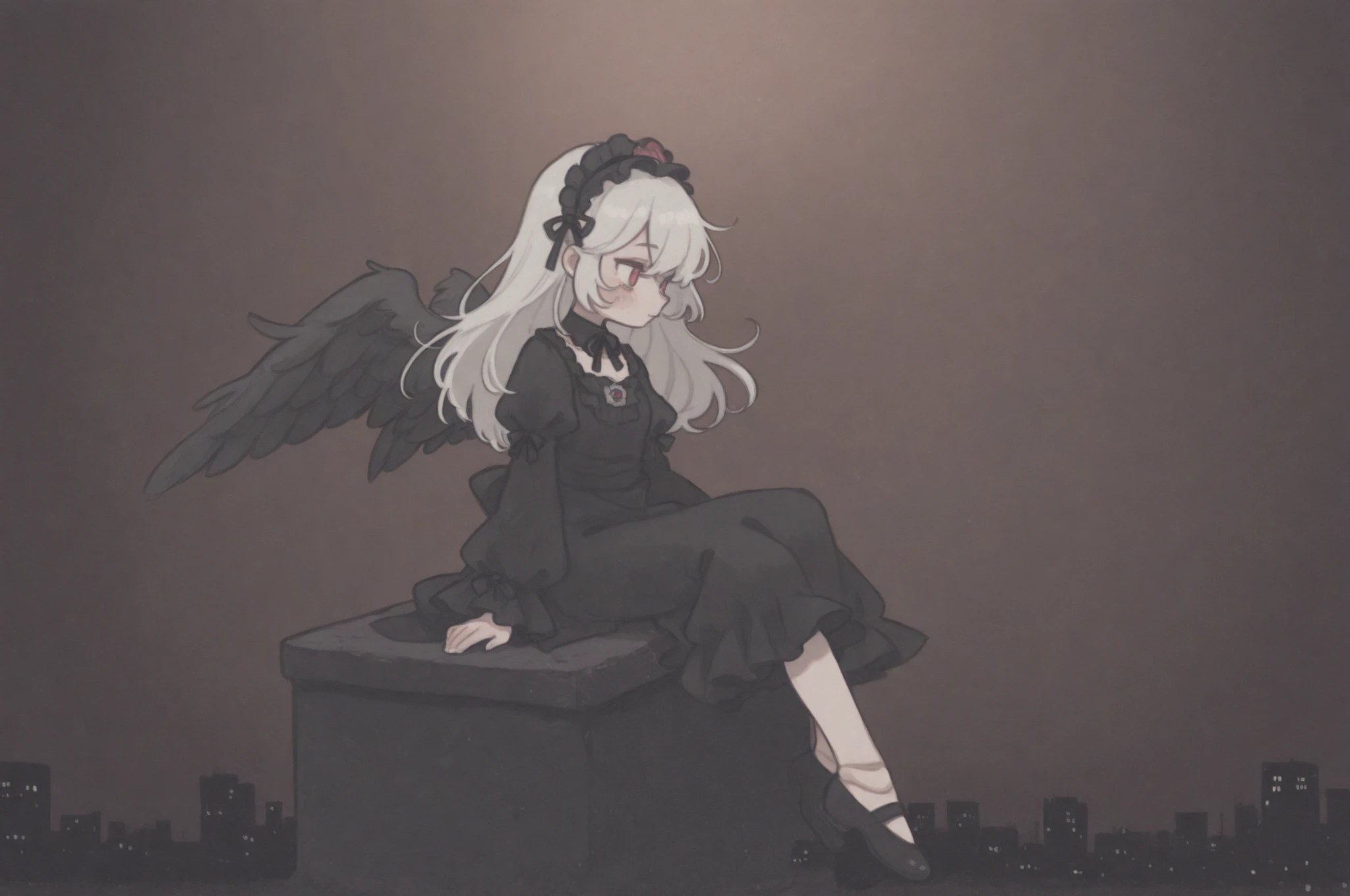 solo,1girl\(suigintou\(rosen maiden\),doll,small, (suigint0u:1.2), doll joints, white hair, long hair,black hairband, black wings,frills, black dress, detached collar, black ribbon, long sleeves, frilled sleeves, puffy sleeves,cute,full body,from side,lonely\).sitting at the roof.midnight,dark night. cityscape, landscape. anthro. BREAK .quality\(8k,wallpaper of extremely detailed CG unit, high resolution, top-quality, top-quality real texture skin, hyper realistic, increase the resolution, RAW photos, best quality, highly detailed, the wallpaper, golden ratio, high saturation realism, vibrant colors, dramatic lighting, persuasive storytelling, atmospheric scenery, captivating visuals, intricate details, strong emotions, dreamlike world\).dynamic angle