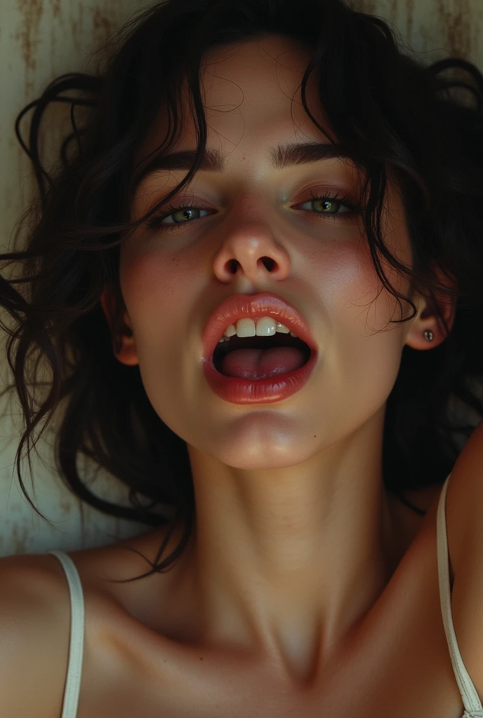 Tabletop,,Award-winning photo, Very detailed, Sharp focus on the eyes, Nose and mouth,Face Focus, Woman with open mouth and closed eyes, blue camisole、Age 35,Black-haired、Symmetrical face,Realistic nostrils、Angle from below,,Sweaty skin、Lighting that highlights sweaty skin、((Nose hook))Skin shiny with sweat、Glowing Skin、Sweaty hair,Beautiful Japanese actresses,smile,(Super wet skin)((Super Steam))((ahegao,,Sticking out tongue,Long Tongue,))((Realistic eyelashes with attention to detail))((ahegao, Drooling, traces of saliva, Long Tongue, Face to face, Textured skin, Anatomically correct, Ultra-high resolution,))Thick tongue,Realistic moist skin , extreme big boobs and ass