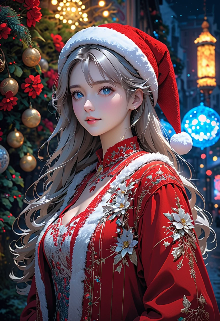 A beautiful woman in a red santa hat under the Christmas tree, Masterpiece of gorgeous girl, sparkling blue eyes, white long wavy hair, fitted violet glittering dress, charming, beautiful, otherwordly, intricate detail, hyperrealism, magical realism, shimmering sparkling air fractals, glowing fairylights