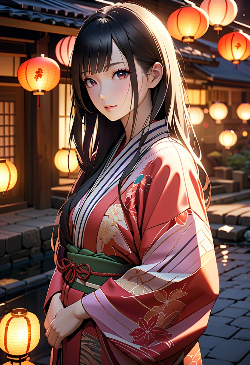 a beautiful japanese woman wearing a detailed intricate yukata kimono, standing in a traditional japanese hot spring town at sunset, with colorful lanterns and lights illuminating the scene, detailed facial features, long flowing hair, detailed folds and patterns in the yukata, realistic lighting and shadows, high quality detailed 8k render, cinematic composition, warm soft lighting, vibrant colors