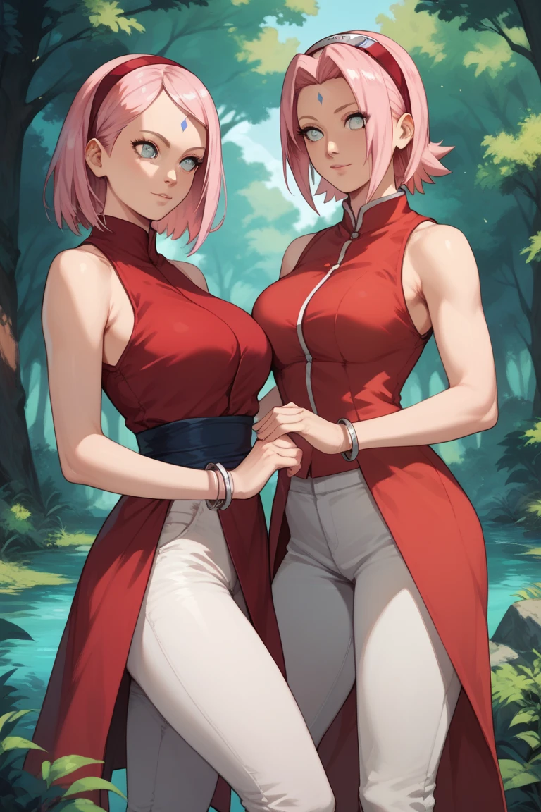 Sakura Haruno from Boruto: Naruto next Generations, short pink hair, red headband, forehead mark, sleeveless red dress, white pants, silver bracelet, large breasts, standing in a forest