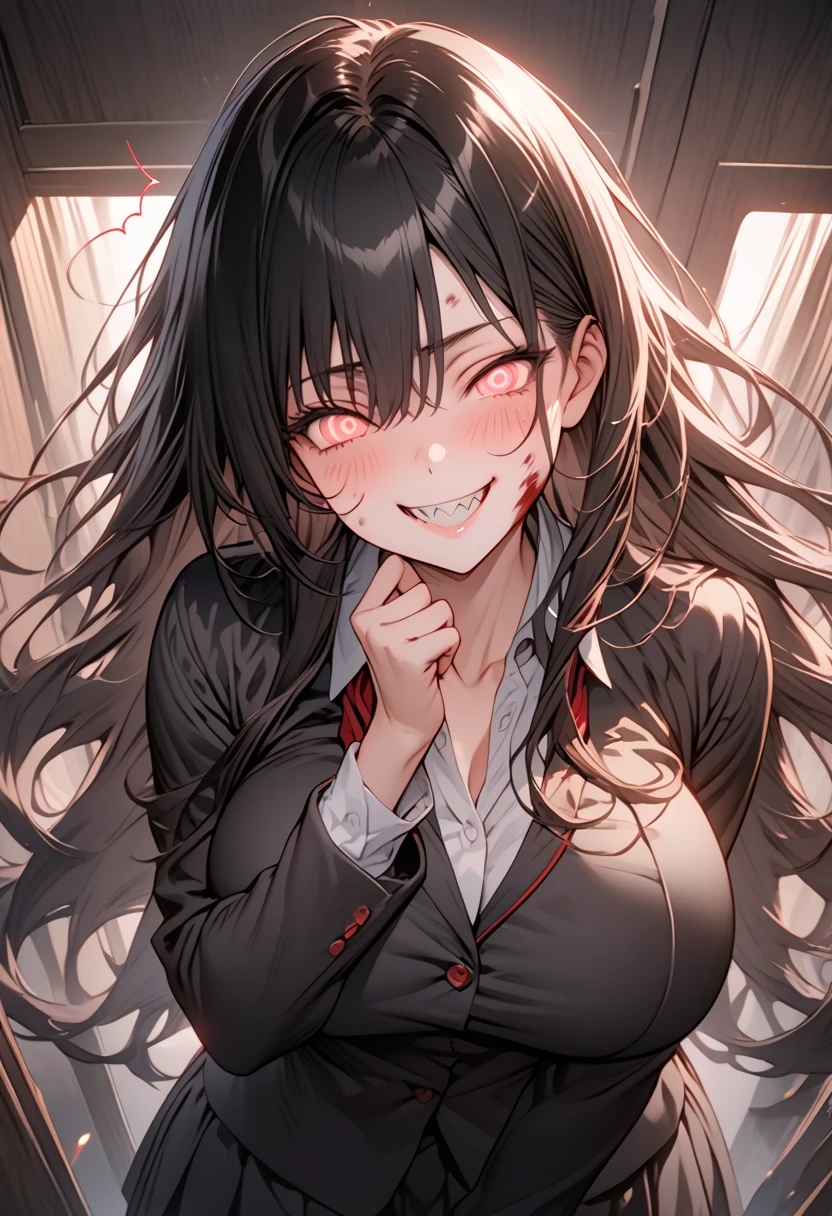 Masterpiece,best quality, (highly detailed CG illustration),very aesthetic,recent,detailed eyes,1 woman,matured female,(looking at viewer),glowing red eyes,black hair,straight long hair,(large breast:1.05),(black highschool uniform),half-closed eye,BREAK,red blush,(constricted pupils:1.35),(mad smile),(yandere smile),hands on her face,tongue out,standing,(5 hearts),(drooling:1.2),saliva,sharp teeth,night school,cowboy shot,from below