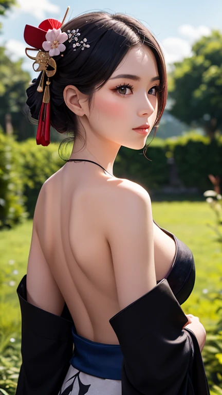 Realistic photography, a beautiful geisha woman, wearing a seductive in a black kimono with sakura tattoo, and open back and her shoulders, deep neck, revealing her smooth skin. While cranes fly gracefully in the background. The sky is a vibrant blue with soft clouds, and the warm sunlight casts an ethereal glow, highlighting her delicate facial features and enhancing her sensual presence. She exudes a serene, yet irresistibly captivating aura. The lush green trees below further emphasize the tranquil, yet majestic atmosphere surrounding this enchanting scene.