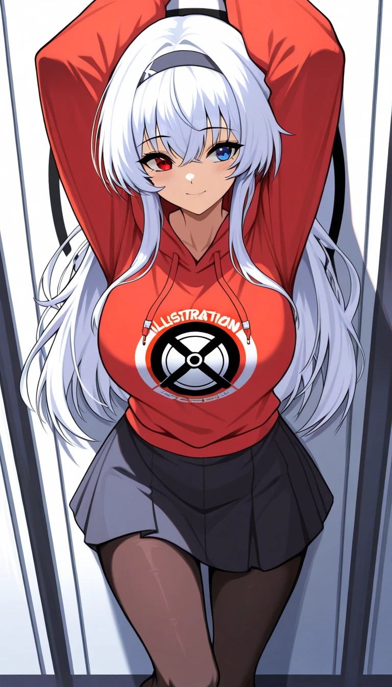 ( best quality:1.3), (masterpiece:1.3), (illustration:1.3), ( super detailed:1.3), absurd, 1 Girl,  unique , Heterochromia, red_ eyes,  blue_ eyes, black_headband, White_hair,  bangs, red_hoodie, Open_hoodie, Long_sleeve, Graphics_t-shirt, Stuck _exist_shirt, Large target_breast, High target, standexistg, Long_hair, Light_ Smile, skirt, pantyhose, (firefly_\(Collapse:_Star_Track \):0.7), cowboy_shooting, existdoors,