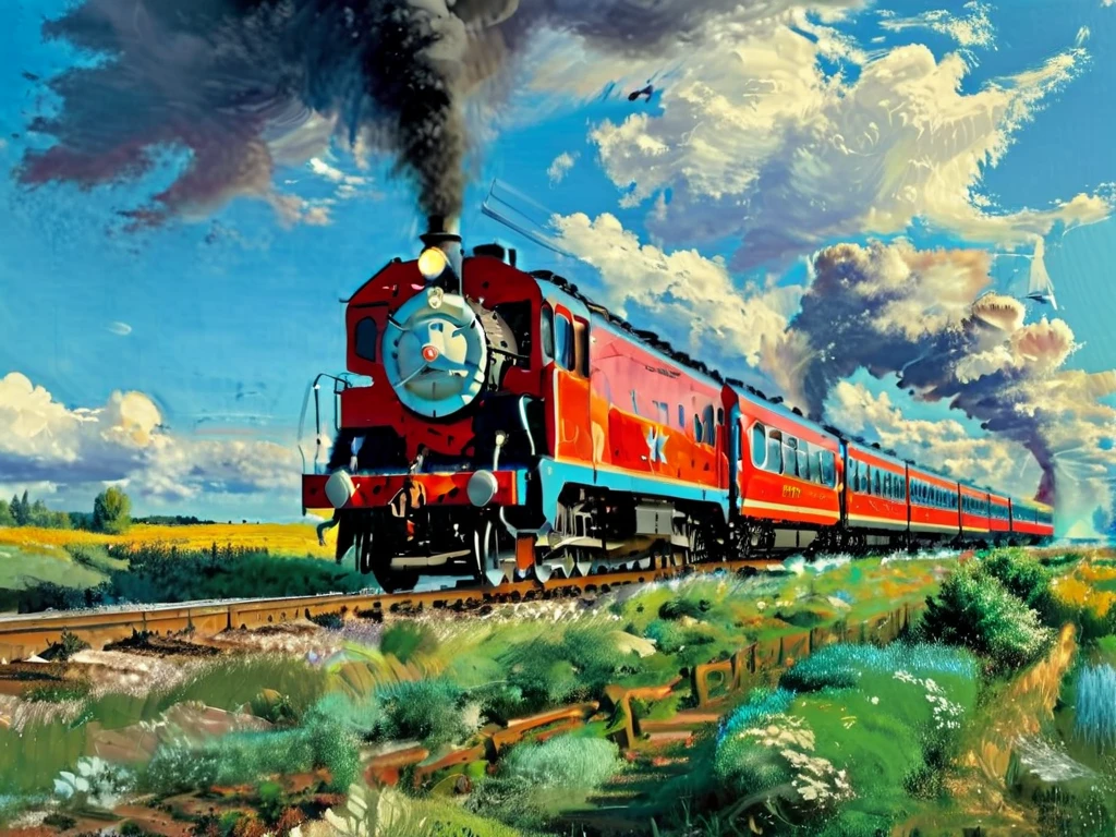 ((masterpiece, best quality, high quality, highres, ultra-detailed)),  ,a moving train against the background of the a moving train, blue sky, sunny day, epic clouds, (oil painting:0.1),  (best quality, 8K, high resolution, extreme detail, outstanding composition:1.4), art by Jeremy Mann, god rays, dramatic light,   (oxygen-rich air and sheltered atmosphere, , aesthetic of hard - edge painting:0.1),