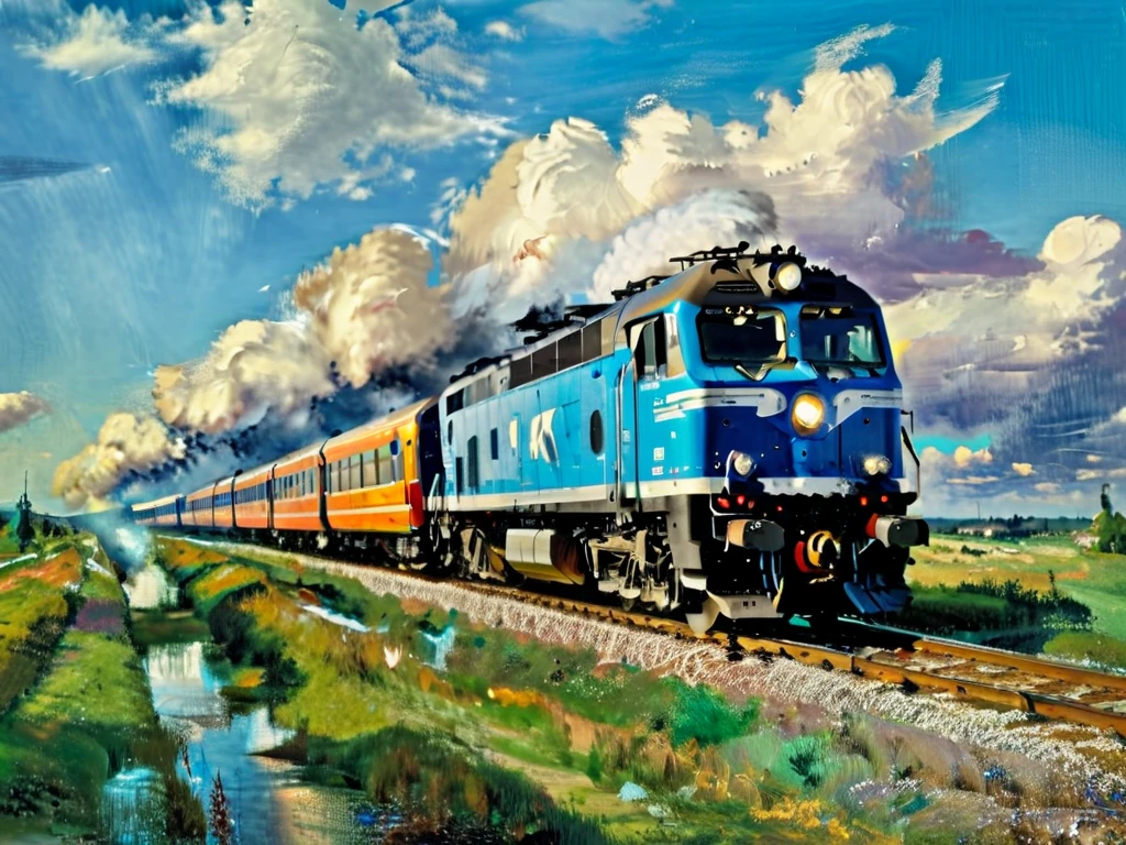 ((masterpiece, best quality, high quality, highres, ultra-detailed)),  ,a moving train against the background of the a moving train, blue sky, sunny day, epic clouds, (oil painting:0.1),  (best quality, 8K, high resolution, extreme detail, outstanding composition:1.4), art by Jeremy Mann, god rays, dramatic light,   (oxygen-rich air and sheltered atmosphere, , aesthetic of hard - edge painting:0.1),