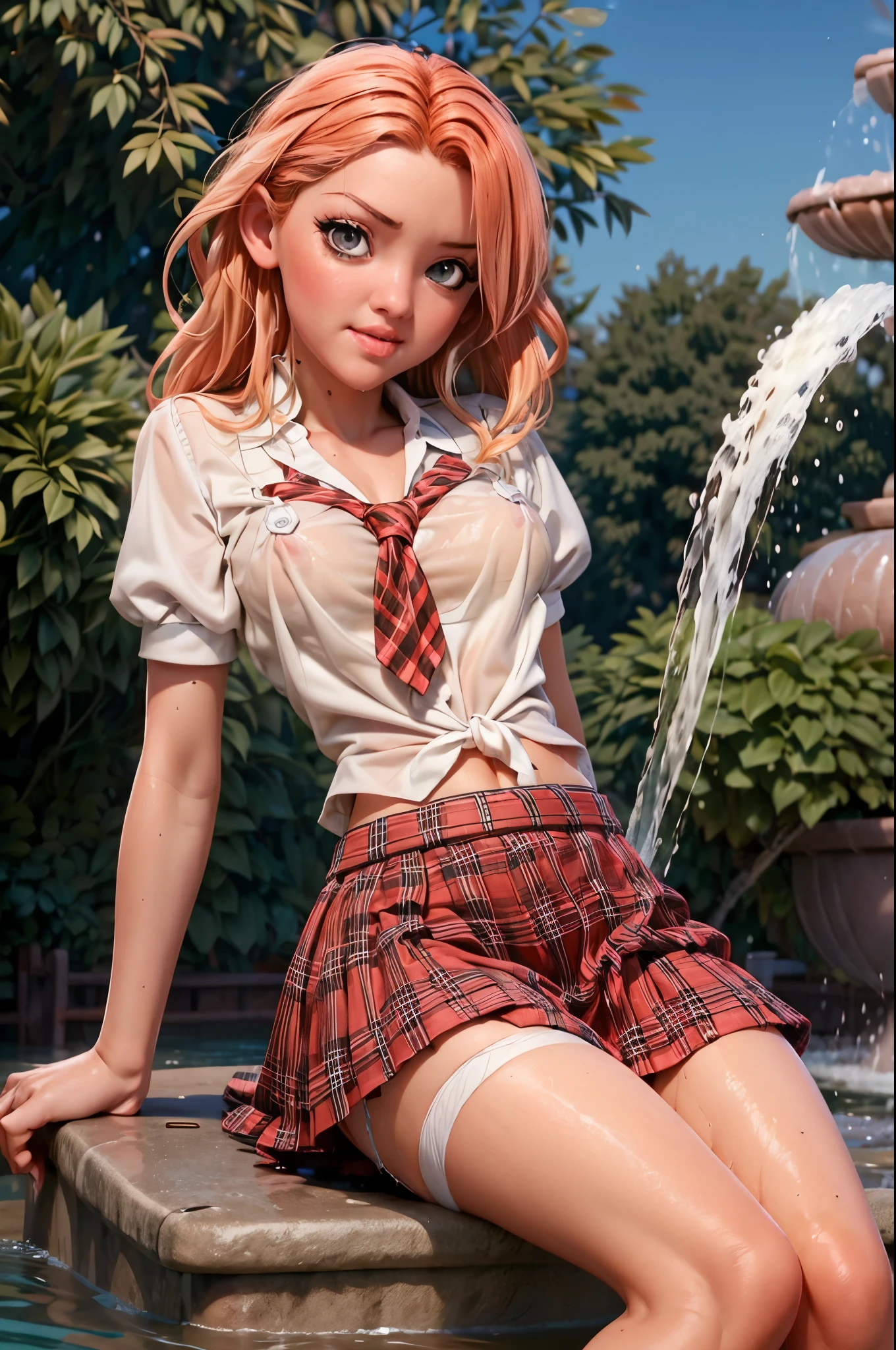 A beautiful young woman with long, flowing auburn hair kneeling in the basin of an ornate park fountain, wearing a soaked schoolgirl uniform: a white, short-sleeved blouse turned semi-sheer under the water, a plaid skirt clinging to her legs, and knee-high socks partially submerged. Her soaked red necktie hangs limply against her chest, droplets running down her flushed cheeks and bare arms as she plays with the fountain's water, sending splashes into the air. The tranquil park setting contrasts with the unexpected playfulness of her soaked uniform, ultra-realistic and sunlit. Frankie.babe