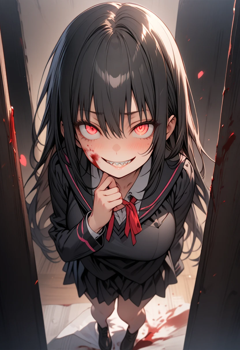 Masterpiece,best quality, (highly detailed CG illustration),very aesthetic,recent,detailed eyes,1 woman,matured female,(looking at viewer),glowing red eyes,black hair,straight long hair,(large breast:1.05),(black highschool uniform),half-closed eye,BREAK,blood on her face,red blush,(spiral eyes),(mad grin),(yandere smile),hands own cheek,standing,(spoken heart),sharp teeth,night school,(full body)