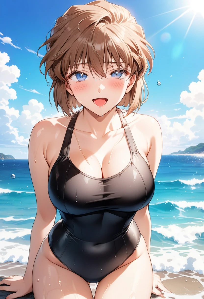 masterpiece, Best Quality, High resolution,16k,official art,super detailed skin,detailed,animated painting,Anime-style painting style, 1990s \(style\),(F cup beautiful breasts)、25years old, (tall:1.2),height: 175cm,Fashion model body type, Miyano Shiho, 1girl, solo,light smile, brown hair, blue eyes, short cut hair, open mouth, breasts,medium breasts, lens flare,sexy black swimwear, (Miyano Shiho),sexy,blush,shy, looking at viewer,sea, outdoors, sunlight,superfine,(ahegao:1.3),(Vulgarity:1.3,(So stupid:1.1),(orgasm:1.2),(wet:1.1)