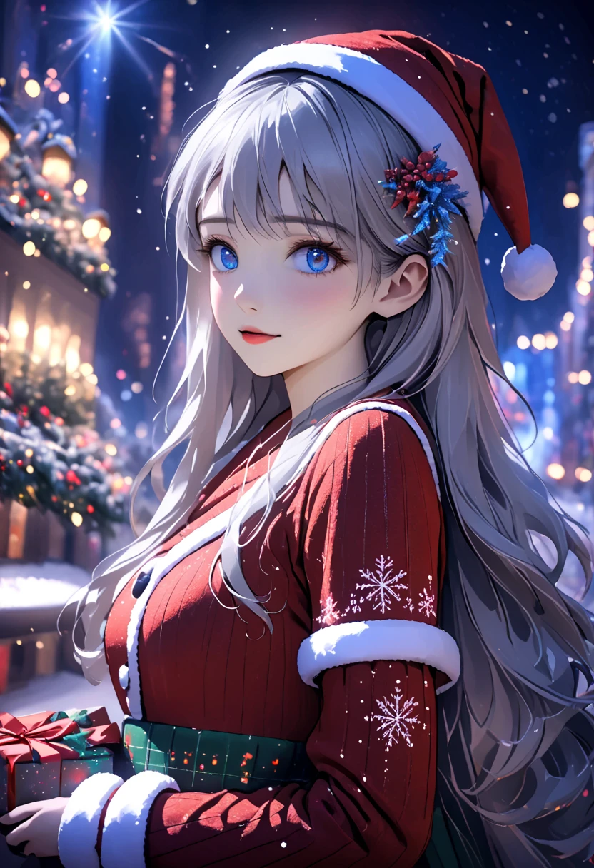 ((Flower style)), Christmas，Christmas gift ，Santa hat，,Light Particles, Light,1 girl with gray hair, very long hair,  blue eyes , stocking, dress , neon lights ,,Night City