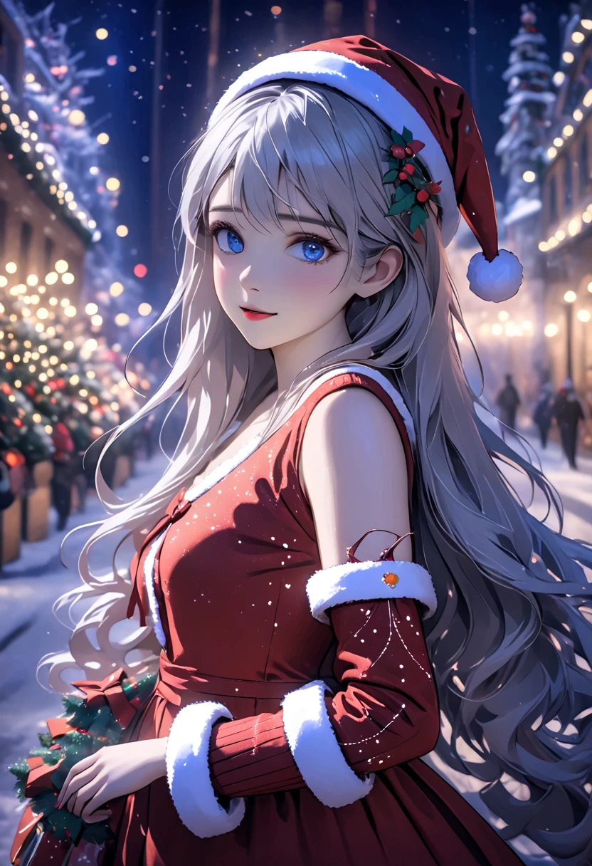 ((Flower style)), Christmas，Christmas gift ，Santa hat，,Light Particles, Light,1 girl with gray hair, very long hair,  blue eyes , stocking, dress , neon lights ,,Night City