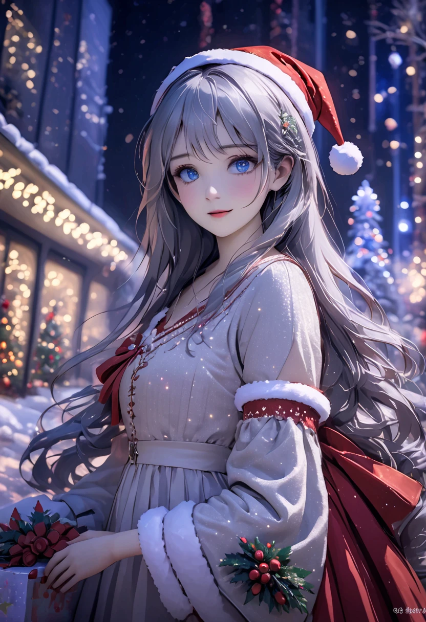 ((Flower style)), Christmas，Christmas gift ，Santa hat，,Light Particles, Light,1 girl with gray hair, very long hair,  blue eyes , stocking, dress , neon lights ,,Night City