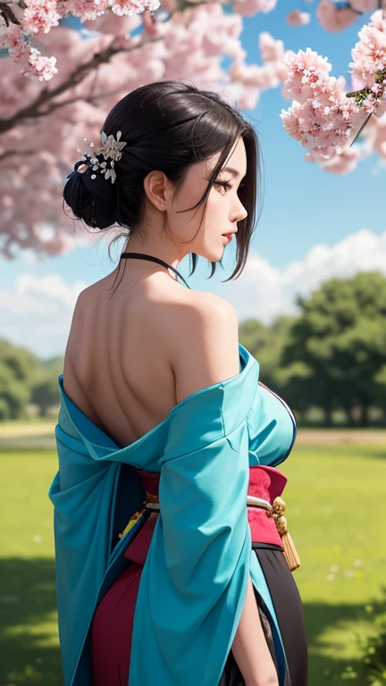 Realistic photography, a beautiful geisha woman, wearing a seductive in a black kimono with sakura tattoo, and open back and her shoulders, deep neck, revealing her smooth skin. While cranes fly gracefully in the background. The sky is a vibrant blue with soft clouds, and the warm sunlight casts an ethereal glow, highlighting her delicate facial features and enhancing her sensual presence. She exudes a serene, yet irresistibly captivating aura. The lush green trees below further emphasize the tranquil, yet majestic atmosphere surrounding this enchanting scene.