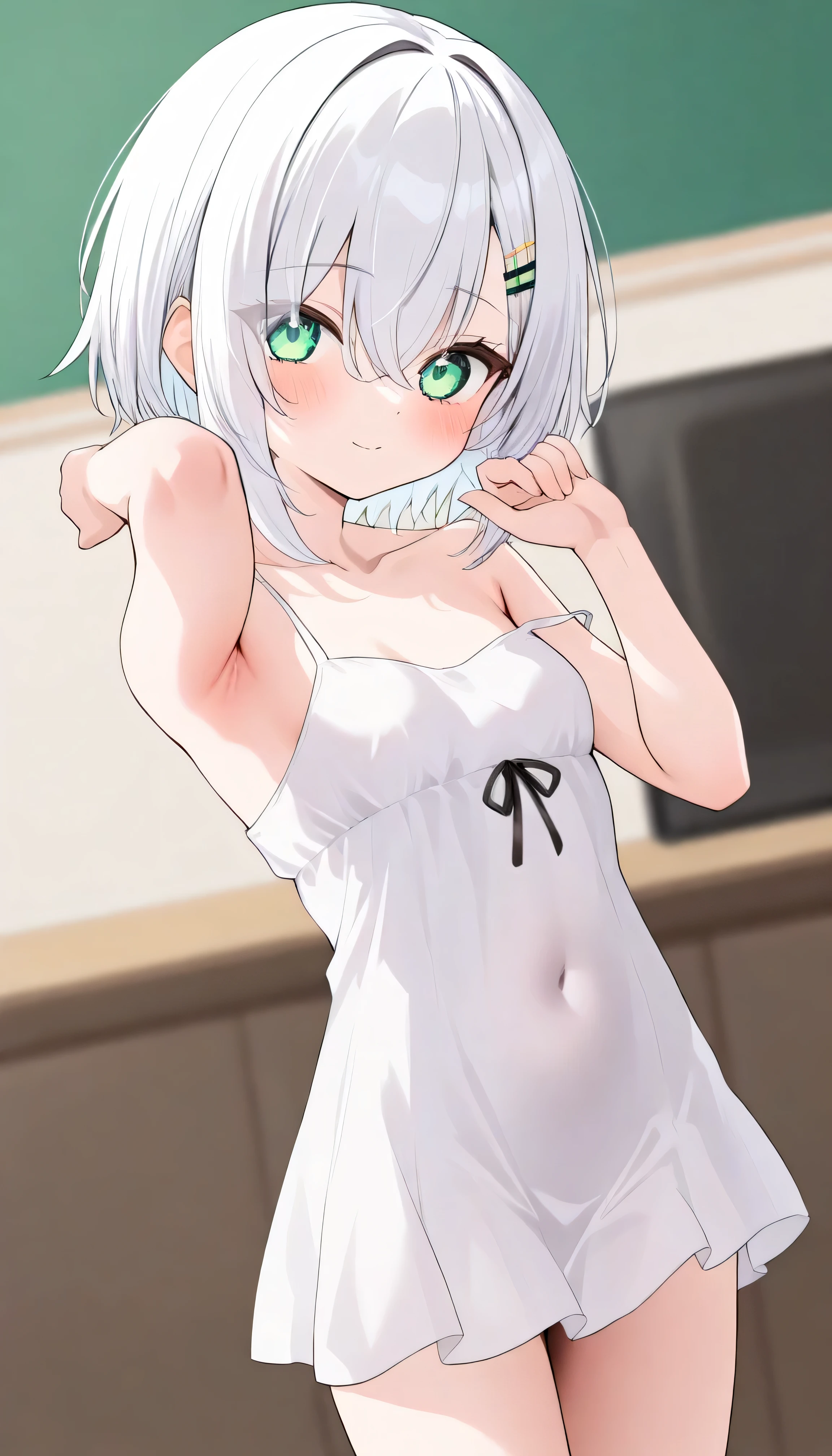 Emerald green eyes, white hair, eyes visible through hair, short hair Alone, eyebrow visible from inside hair , hair between eyes, white slip dress ロリ
