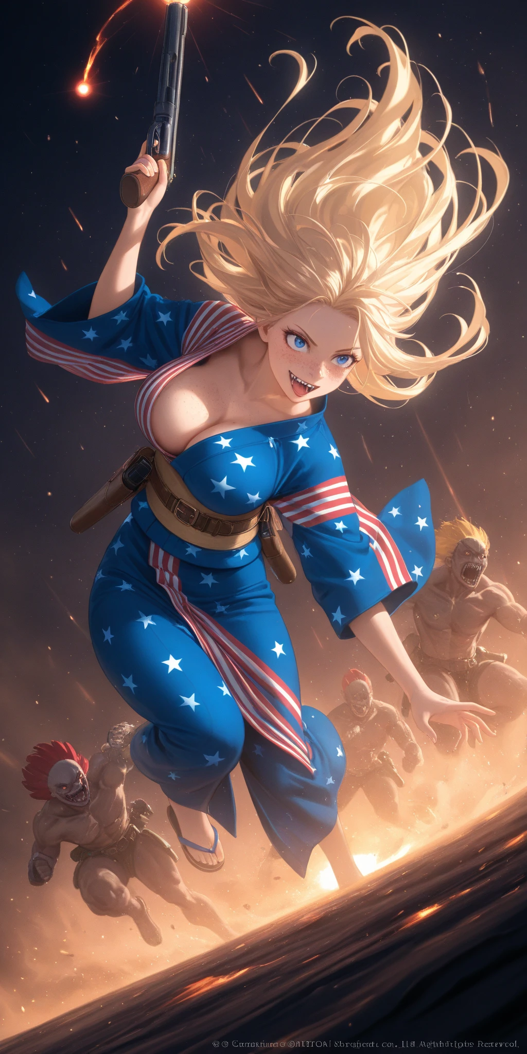 1girl\(american,blonde,Freckles,Muscular, blue eyes,big breast,wearing beautiful yukata\(american flag\(Stars and stripes\) design\),holding shotgun, shooting,wearing Grenades, gun belts,weavy hair long hair,floating hair, scar on face,big smile, sharp teeth, tongue, drinking Tequila Bottle,dynamic action, dynamic angle,\) at kyoto, so many zombies around, apocalips, dooms day,red black sun. BREAK .quality\(8k,wallpaper of extremely detailed CG unit, high resolution, top-quality, top-quality real texture skin, hyper realistic, increase the resolution, RAW photos, best quality, highly detailed, the wallpaper, golden ratio, high saturation realism, vibrant colors, dramatic lighting, persuasive storytelling, atmospheric scenery, captivating visuals, intricate details, strong emotions, dreamlike world\),dynamic angle,dutch angle,action movie