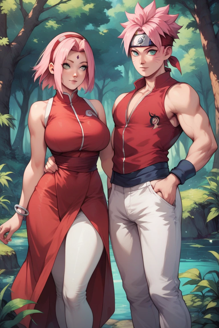 Sakura Haruno from Boruto: Naruto next Generations, short pink hair, red headband, forehead mark, sleeveless red dress, white pants, silver bracelet, large breasts, standing in a forest