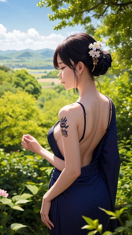 Realistic photography, a beautiful geisha woman, wearing a seductive in a black kimono with sakura tattoo, and open back and her shoulders, deep neck, revealing her smooth skin. While cranes fly gracefully in the background. The sky is a vibrant blue with soft clouds, and the warm sunlight casts an ethereal glow, highlighting her delicate facial features and enhancing her sensual presence. She exudes a serene, yet irresistibly captivating aura. The lush green trees below further emphasize the tranquil, yet majestic atmosphere surrounding this enchanting scene.