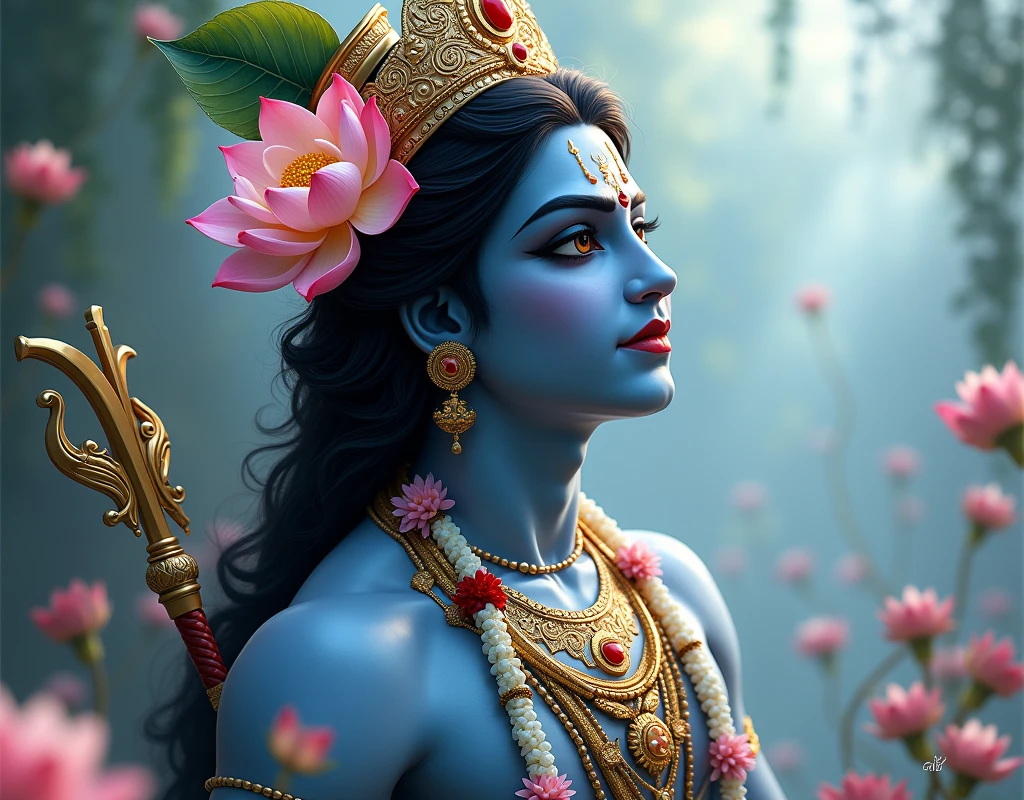 A divine portrayal of Lord Krishna, adorned with golden jewelry and a celestial aura, dancing joyously amidst a cosmic garden filled with surreal, otherworldly flora, radiating a sense of cosmic harmony and spiritual ecstasy, Sculpture, marble carving, --ar 1:1 --v 5