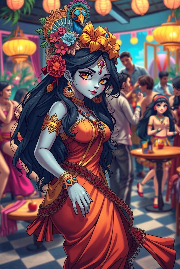 A anime inspired modern depiction of Radha and Krishna in a orgy, sex party party house. Radha with her golden-white glowing skin, is wearing tight small dress, primary color blue, secondary color pink, dark hair with a small ornate crown and flowers, red tilak in her forehead. Krishna, with radiant blue skin, with iconic flute in pocket, and peacock feature wearing dress of primary color yellow secondary color red, orange shirt. They are in party house,dancing far from each other, filled with diverse types of people doing all type of things from good to bad., some are furries, some are nude, some are haing sex, some are BDSM. Radha and krishna are dancing on their on moves, on their on tunes far from each other, in opposite sides of the room. Everything in middle in arty environment. They are the main focus, other things are not in focus.
