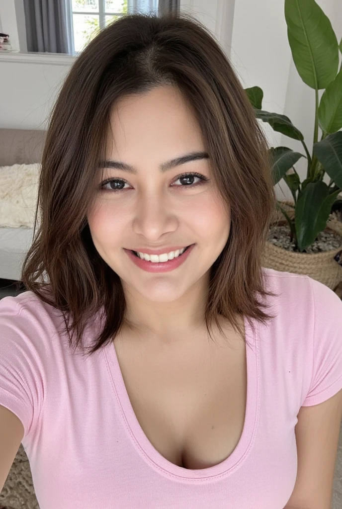  RAW photo of the woman l4r1ss4r1qu3lm3, Wearing a pink t-shirt ,  in a living room ,  detailed face ,  natural lighting ,  highly detailed , absurdres, happy smile
