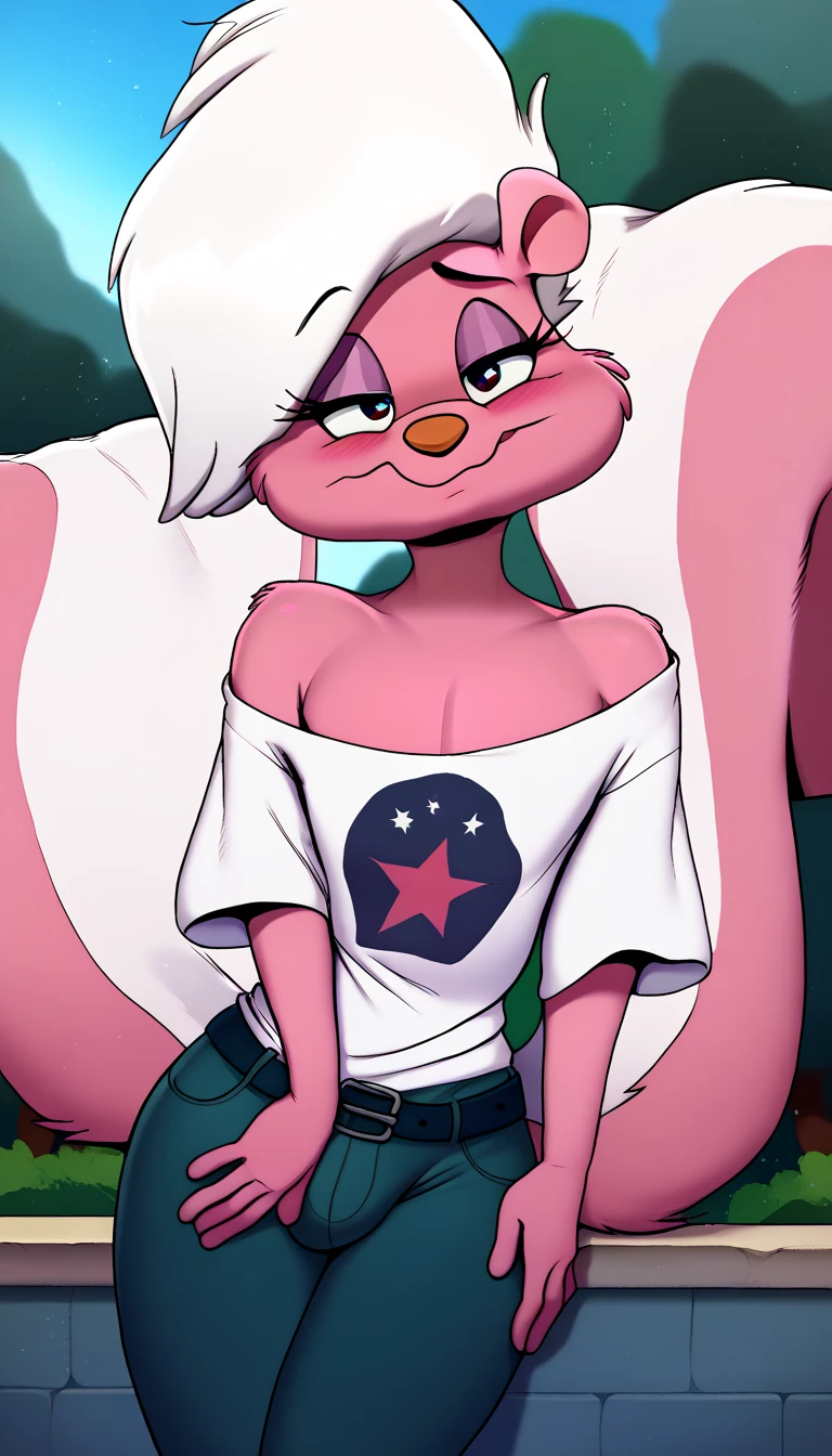 masterpiece, best quality, nervous expression, male, anthro, furry, pink fur, fluffy fur, BREAK, French striped skunk femboy, Bimbette, gay furry femboy, gay homophobic skunk, skunk ears, skunk nose, cute eyes, blue eyes, white female eyelids, female eyelashes, femboy makeup, skunk tail, white hair, (white hair), solo, (outdoors), sunshine, detailed, big eyes, strong arms, white off-shoulder shirt, blue jeans with a belt on, happy, head tilt, adult (20 years), straight legs, half-closed eyes, blush, looking at the viewer, standing, (kilinah), light particles, score_9, score_8_up, score_7_up, score_6_up, score_5_up, score_4_up