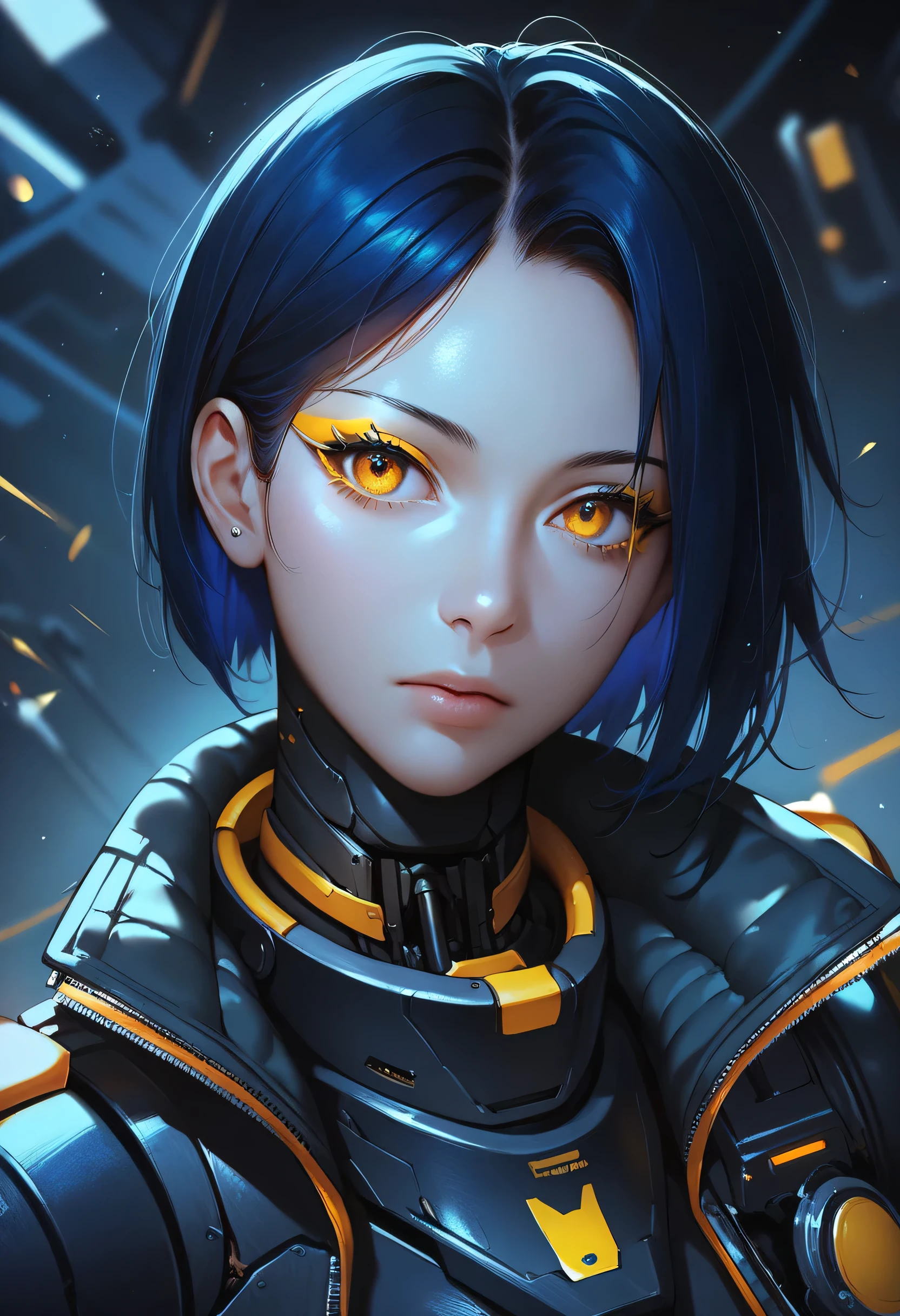 One woman, mature, anime, female anime character, amber eyes, yellow eyeliner, expressionless, black short hair swept over left eye, sharp face,artificial skin, black slim mechanical body frame, a loose jacket, a black fastened scarf, joints, mechanical neck, robotic, detailed anime character art, dark, facing center, close-up portrait, sharp focus, zPDXL3.