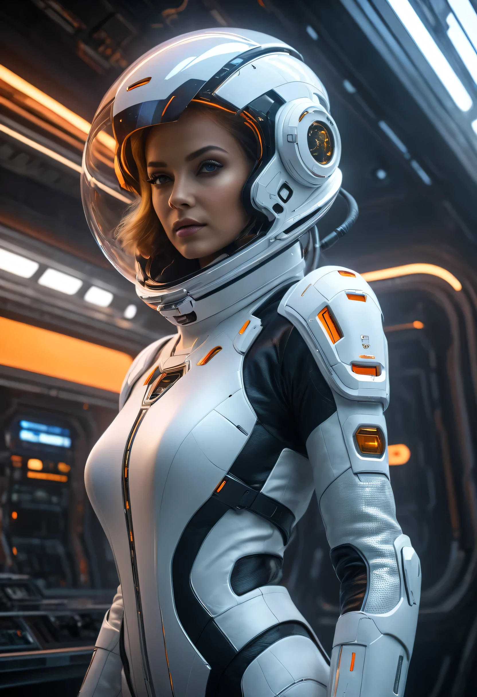 ((best quality)), ((masterpiece)), ((realistic)), (detailed), (photorealistic:1.5), a futuristic girl, (thick body), (white bodysuit), lights on armor, cybernetic headwear, looking at viewer, dynamic pose, post apocalyptic, floating around in zero gravity in a space cabin, science fiction, hdr, ray tracing, nvidia rtx, super-resolution, unreal 5, subsurface scattering, pbr texturing, post-processing, anisotropic filtering, depth of field, maximum clarity and sharpness, rule of thirds, 8k raw, (luminescent particles:1.4), (extremely detailed cg, unity 8k wallpaper, 3d, cinematic lighting, lens flare), reflections, sharp focus, cyberpunk, Masterpiece, superlative, realistic, female space pilot wearing a futuristic space suit, latex, gold, white, shiny, top, shorts, bare waist, HD, the girl is floating around in horizontal pose, no gravity, weightless, flying around, through a small window a alien planet is visible, low light in the space cabin, lots of displayers and instruments are the main source for the light in the scene, displayers in orange and blue light, cinematic lighting in the hair, hair light, hair flying around because of the zero gravity