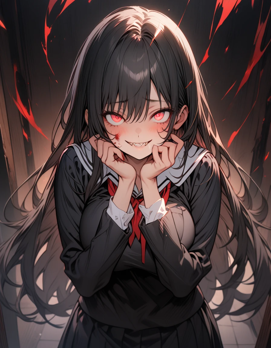 Masterpiece,best quality, (highly detailed CG illustration),very aesthetic,recent,detailed eyes,1 woman,matured female,(looking at viewer),glowing red eyes,black hair,straight long hair,(large breast:1.05),(black highschool uniform),half-closed eye,BREAK,blood on her face,red blush,(spiral eyes),(mad grin),(yandere smile),(hands own face),standing,sharp teeth,night school,cowboy shot,(from front)