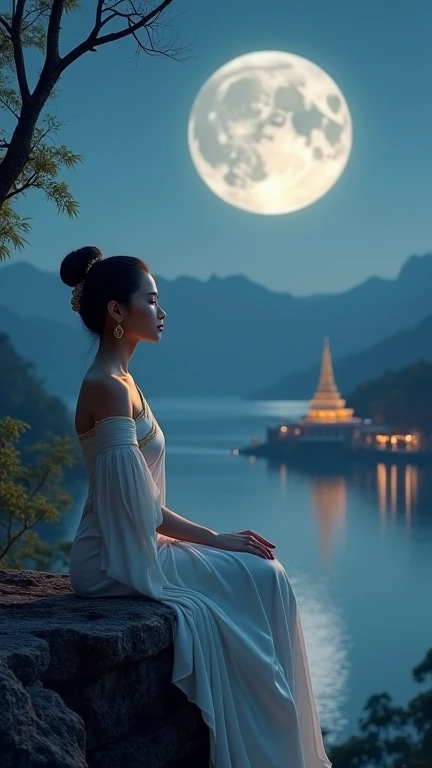 a big lotus with a moon shine through the back