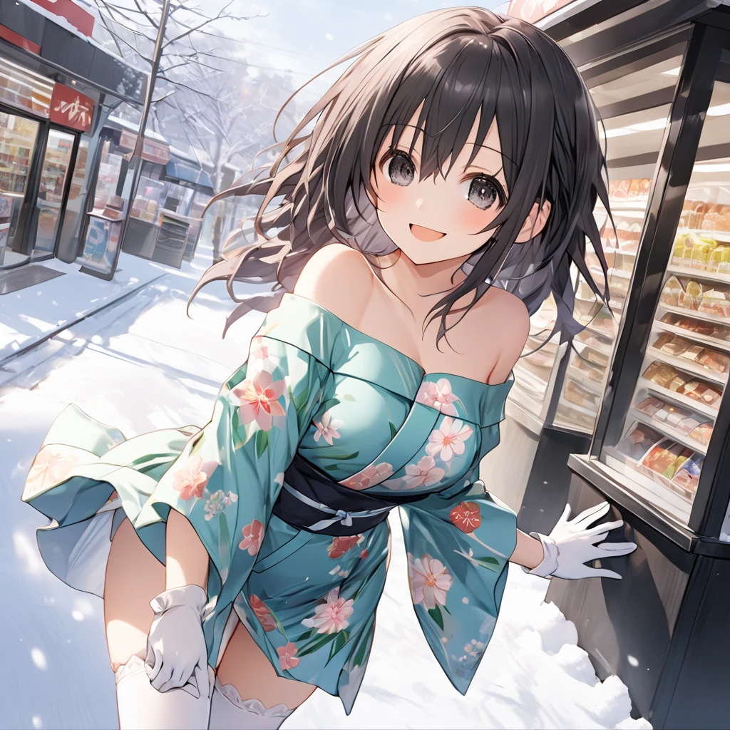 ( 1 girl), Green \(Neptunia )\, black hair, black eyes,(smile:1.5)、blush、(low ponytail:1.5), (long sidelocks:1.5), ,( small tits:1.5),(floral pattern off-shoulder mini yukata:1.5),(white thigh high :1.5),gloves、( white plaid panties :1.5),snow,Park Walkway、 dynamic pose、 dynamic angle in front of a convenience store、( perfect anatomy ),( best quality), ( ultra hi-res), (超 high definition ), ( Highly Detailed CG), (32K), (masterpiece)、eyesHD