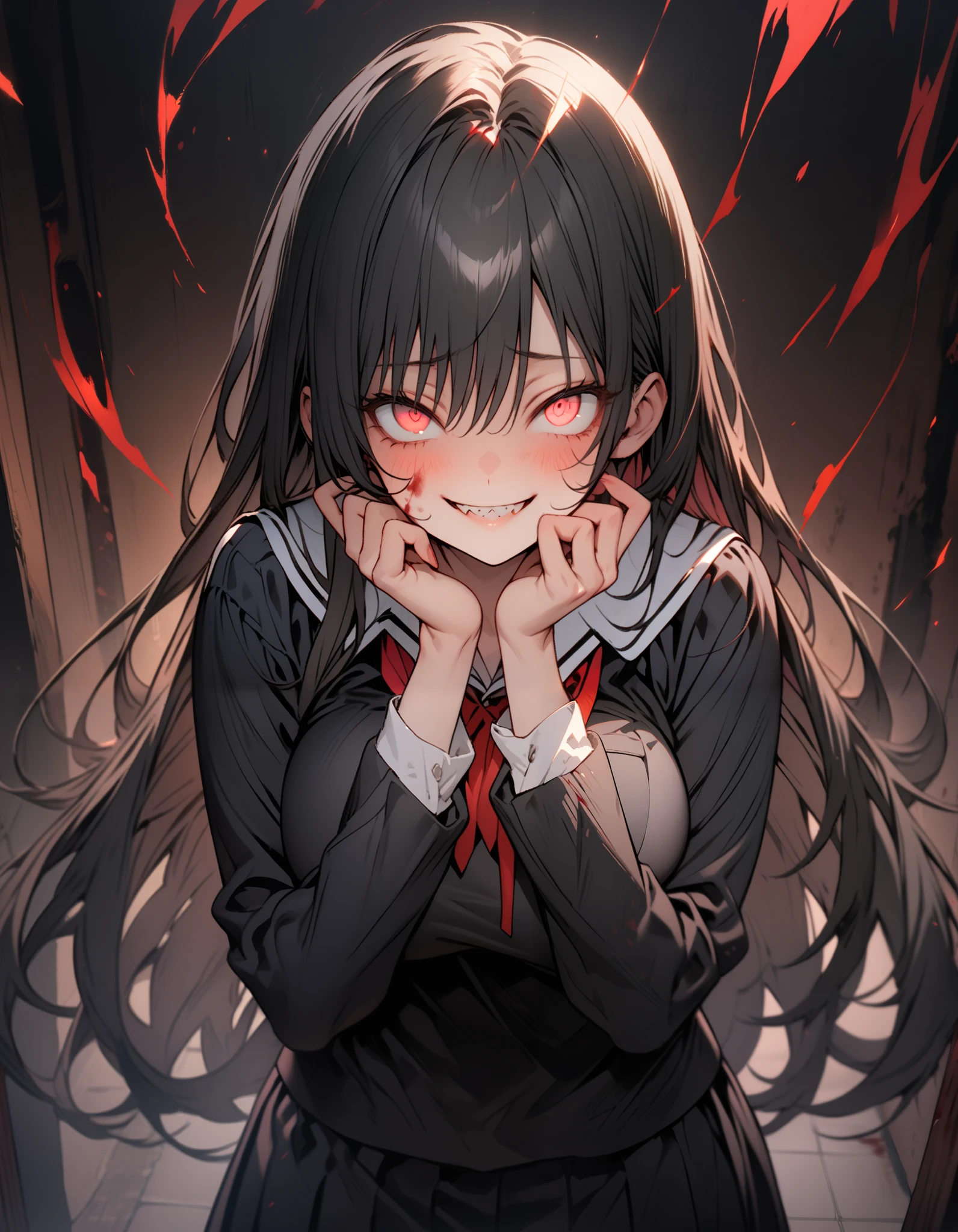 Masterpiece,best quality, (highly detailed CG illustration),very aesthetic,recent,detailed eyes,1 woman,matured female,(looking at viewer),glowing red eyes,black hair,straight long hair,(large breast:1.05),(black highschool uniform),half-closed eye,BREAK,blood on her face,red blush,(spiral eyes),(mad grin),(yandere smile),(hands own face),standing,sharp teeth,night school,cowboy shot,(from front)