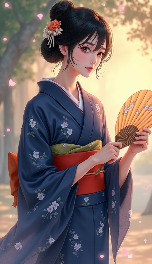 masterpiece,Summer Festival ,Alone, Japanese woman holding breasts,light makeup,A dignified appearance,yukata姿,Black Hair,((put her hair up)),Soft dark blue ,fireworks pattern,A simple vermilion band ,She has fans ,yukata( Very Thin Fabric , soft texture , Light Fabric Texture ),Shaking Sleeves ,[ simple hair ornament ], hair ornament reflects light,evening, happy atmosphere ,nostalgia,