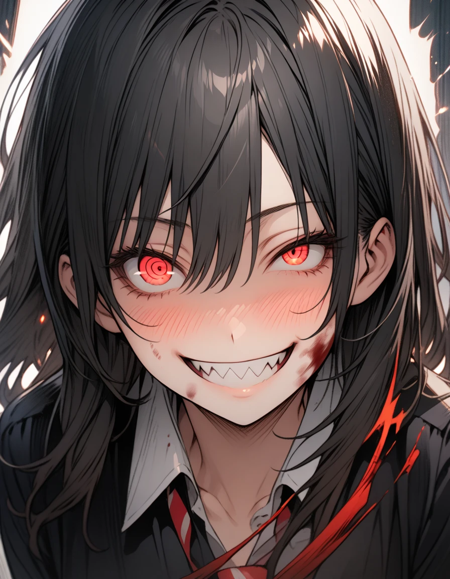 Masterpiece,best quality, (highly detailed CG illustration),very aesthetic,recent,detailed eyes,1 woman,matured female,(looking at viewer),glowing red eyes,black hair,straight long hair,(large breast:1.05),(black highschool uniform),half-closed eye,BREAK,blood on her face,red blush,(spiral eyes),(mad grin),(yandere smile),hands own face,standing,(spoken heart),sharp teeth,night school,upper body