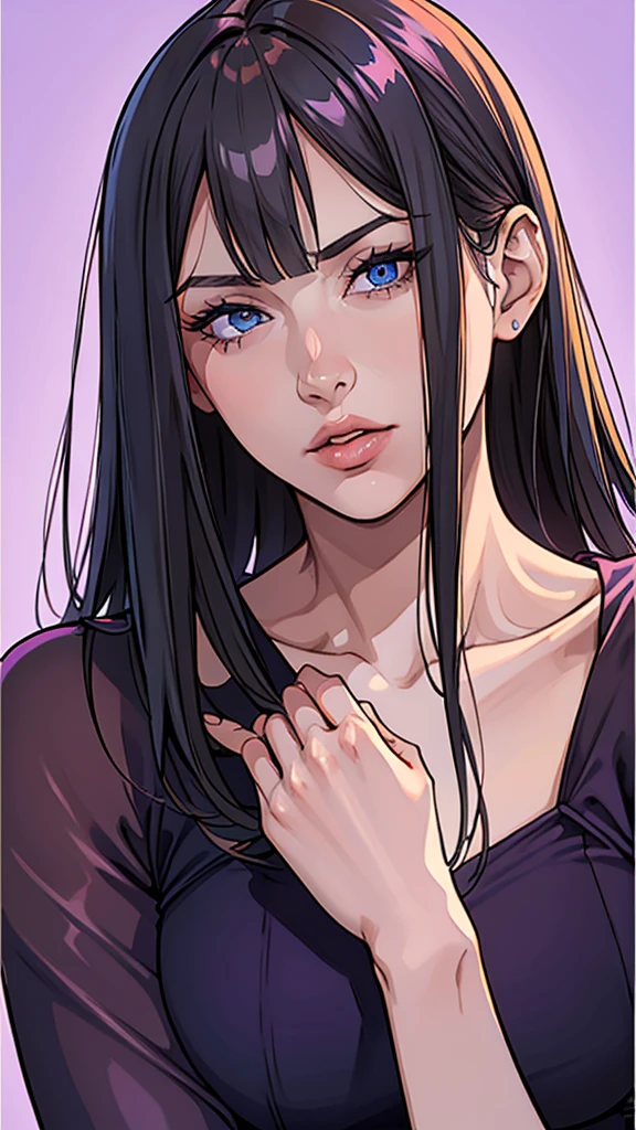 {8k image}, 1beautiful mature woman, 35 years old, pointed nose, fleshy lips, triangular face, big hair with bangs (wine), blue eyes, {looking directly at the viewer}, {facing forward}, {perfect anatomy}, {image focused only on the face}, {face portrait}, purple background